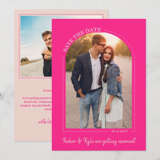 Heet Roze Boog Huwelijksfoto Save the Date (Voorkant / Achterkant)