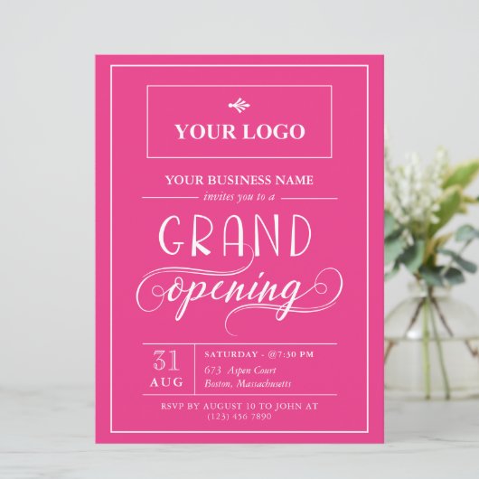 Heet Roze Brede Logo Grand Opening Kaart (Staand voorkant)