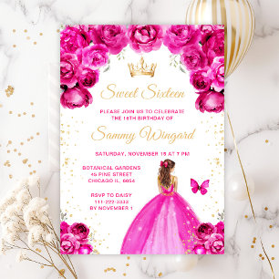 Heet Roze Bruine Haar Prinses Sweet Sixteen Kaart
