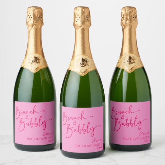 Heet Roze Brunch en Bubbly Verjaardag Brunch Party Sparkling Wijnetiket (Flessen)