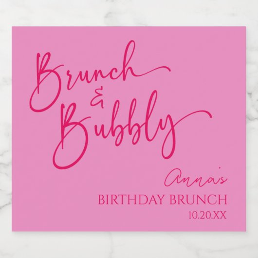 Heet Roze Brunch en Bubbly Verjaardag Brunch Party Sparkling Wijnetiket (Enkel label)