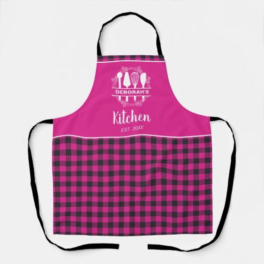 Heet Roze Buffel Plaid Keuken Naam Schort (Voorkant)