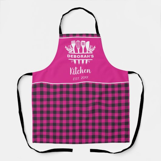 Heet Roze Buffel Plaid Keuken Naam Schort (Voorkant)
