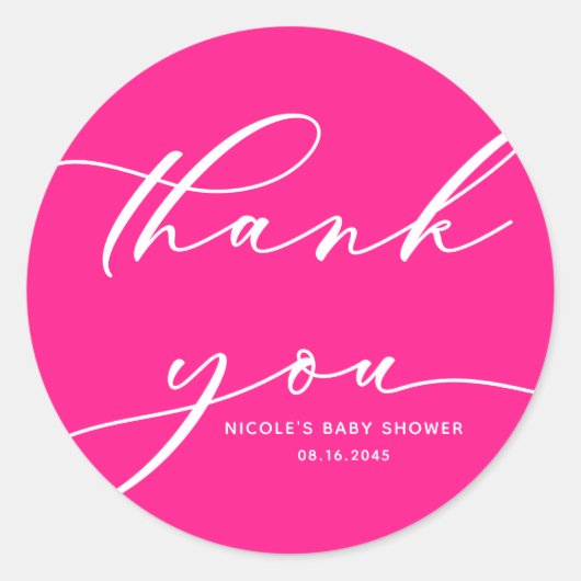 Heet Roze Calligraphy Baby Shower Bedankt Ronde Sticker (Voorkant)