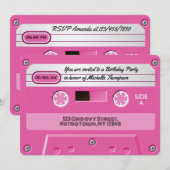 Heet-roze cassette retro verjaardagsfeestje kaart (Voorkant / Achterkant)