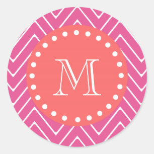 Heet Roze Chevron Patroon   Monogram koraal Ronde Sticker