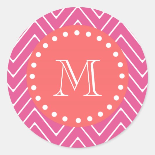 Heet Roze Chevron Patroon | Monogram koraal Ronde Sticker (Voorkant)