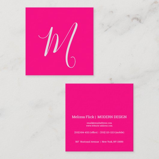 Heet roze - chic monogram vierkante visitekaartje (Voorkant / Achterkant)
