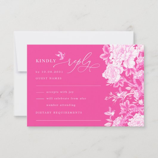 Heet Roze Chinoiserie Bloem Tuin Bruiloft RSVP Kaart (Voorkant)