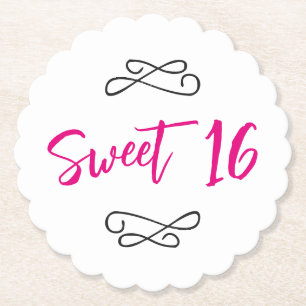 Heet Roze Chique Doodle Modern Script Sweet 16 Kartonnen Onderzetters