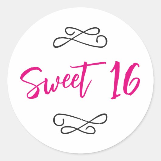 Heet Roze Chique Doodle Modern Script Sweet 16 Ronde Sticker (Voorkant)