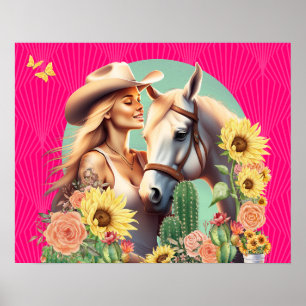Heet roze cowgirl bloemstuk muurkunst poster