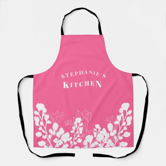 Heet Roze Custom Name Wit Bloemen Schort (Voorkant)