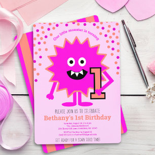 Heet Roze Cute Little Monster 1e Verjaardag Custom Kaart