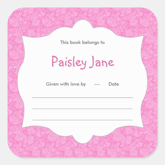 Heet Roze Damast Meisje Boek baby shower Bookplate Vierkante Sticker (Voorkant)