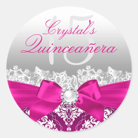 Heet Roze Damast & Parel Boog Quinceanera Sticker (Voorkant)