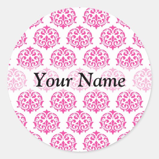 Heet roze damast ronde sticker (Voorkant)
