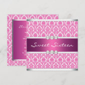 Heet roze damast Sweet 16-feest Kaart (Voorkant / Achterkant)