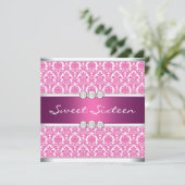 Heet roze damast Sweet 16-feest Kaart (Staand voorkant)