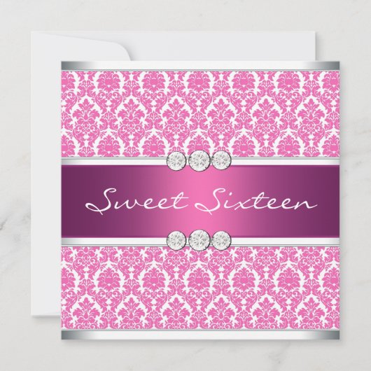 Heet roze damast Sweet 16-feest Kaart (Voorkant)