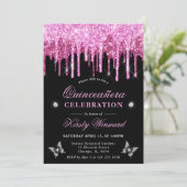 Heet Roze Dripping Glitter Quinceanera Kaart (Staand voorkant)