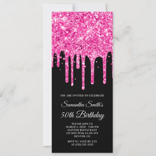 Heet Roze Dripping Glitter Zwart 50ste Verjaardag Kaart (Voorkant)