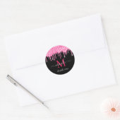 Heet Roze Dripping Glitter + Zwart Monogram Dank U Ronde Sticker (Envelop)
