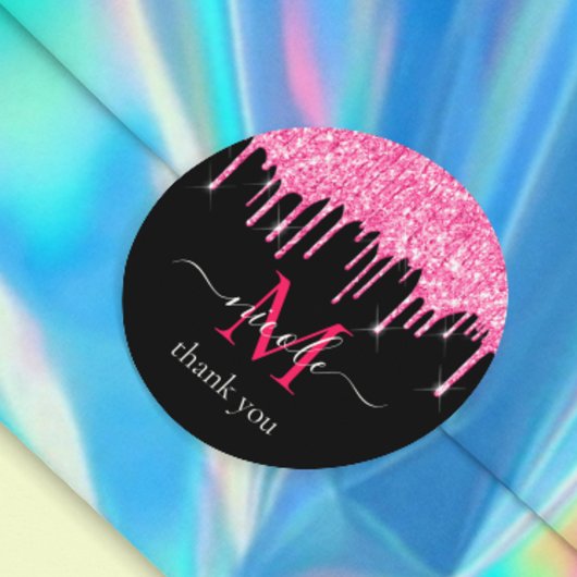 Heet Roze Dripping Glitter + Zwart Monogram Dank U Ronde Sticker
