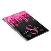 Heet roze druipende glitter op zwart monogram notitieboek (Rechterzijde)