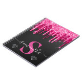 Heet roze druipende glitter op zwart monogram notitieboek (Linkerzijde)