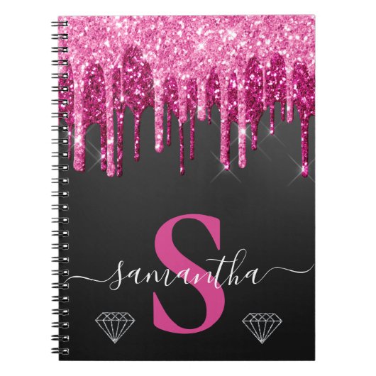 Heet roze druipende glitter op zwart monogram notitieboek (Voorkant)