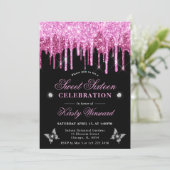 Heet Roze Druipende Glitter Sweet 16 Kaart (Staand voorkant)
