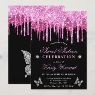 Heet Roze Druipende Glitter Sweet 16 Kaart