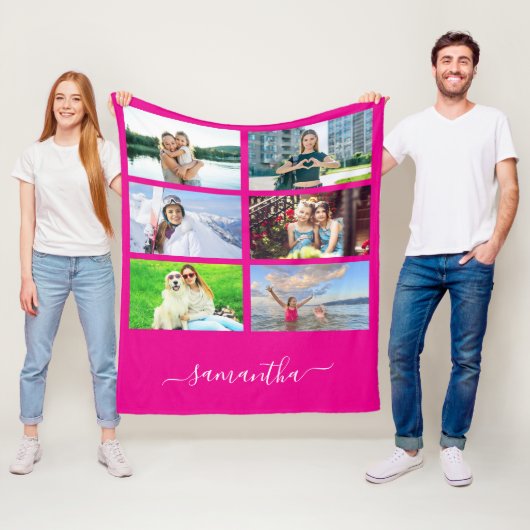 Heet Roze Elegante Script Handtekening Naam Foto Fleece Deken (In situ)