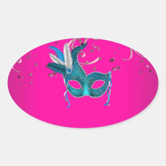 Heet Roze en Blauwgroen Blauw Masquerade Ovale Sticker (Voorkant)