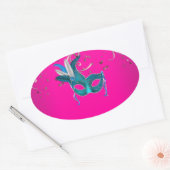 Heet Roze en Blauwgroen Blauw Masquerade Ovale Sticker (Envelop)