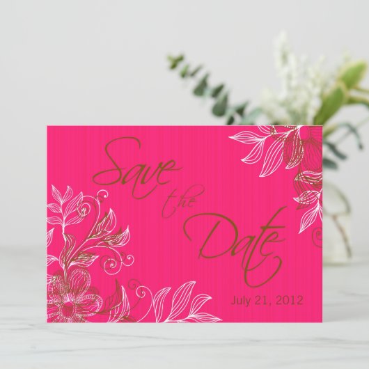 Heet Roze en Bruin Bloemen Bruiloft Save The Date Kaart (Staand voorkant)