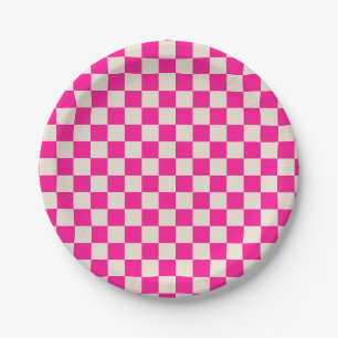 Heet roze en bruin schaakbordpatroon papieren bordje