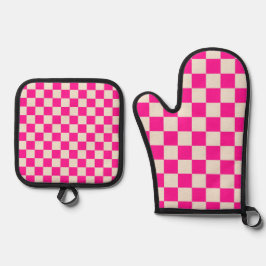 Heet roze en bruine ruitpatroon ovenwant & pannenlap set