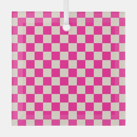 Heet roze en bruine schaakbordpatroon glas ornament (Voorkant)
