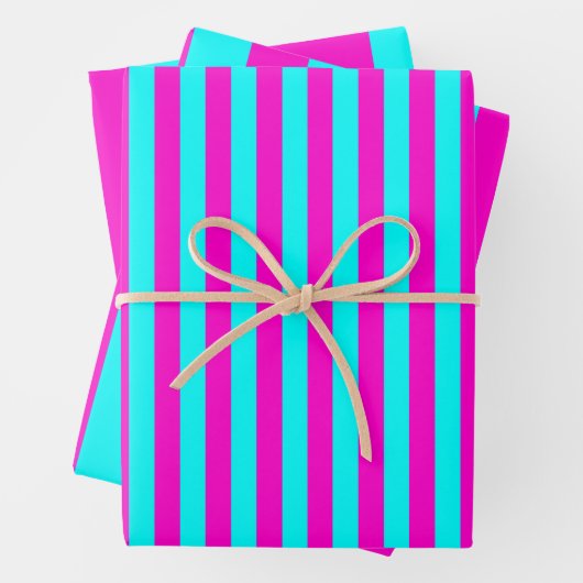 Heet roze en cyaan blauw groen turquoise strepen inpakpapier vel (In situ)