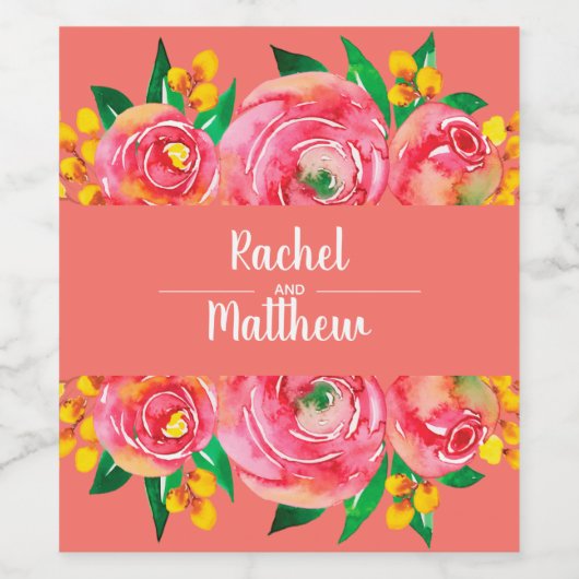 Heet Roze en Geel Bloemen Waterverf Wijn Etiket (Enkel label)