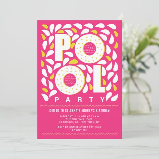 Heet Roze en Gele Pool Party Splash Birthday Kaart (Staand voorkant)