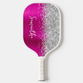 Heet roze en glitterige zilveren glamour script na pickleball paddle (Voorkant)