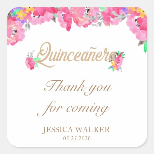 Heet Roze en Goud Bloemen Dank u Quinceanera Vierkante Sticker (Voorkant)