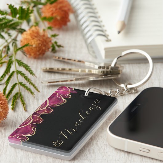 Heet Roze en Goud Elegant Script Gepersonaliseerd Sleutelhanger (Voorkant Rechts)