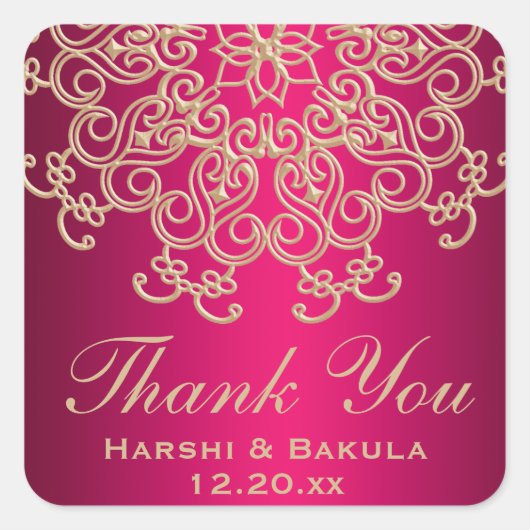 HEET ROZE EN GOUD INDIASE GEÏNSPIREERD DANK U LABE VIERKANTE STICKER (Voorkant)