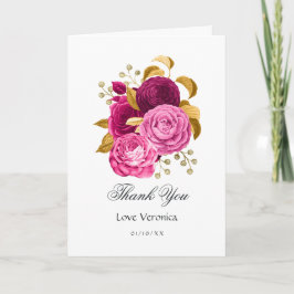 Heet roze en gouden bloemige Quinceañera Bedankkaart