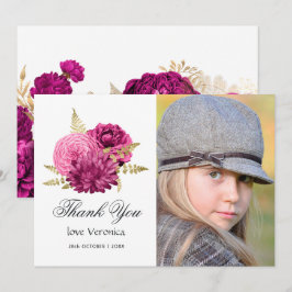 Heet roze en gouden bloemige Quinceañera-foto Bedankkaart