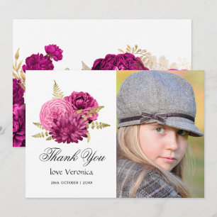 Heet roze en gouden bloemige Quinceañera-foto Bedankkaart